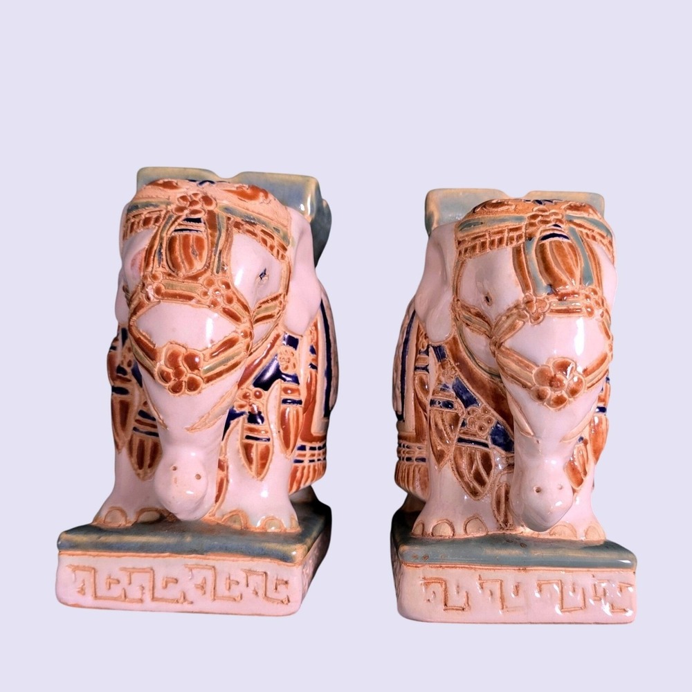 Vintage Asian Ceramic Elephant Ashtray Set 2 Blue Orange Glazed Chinoiserie 70's